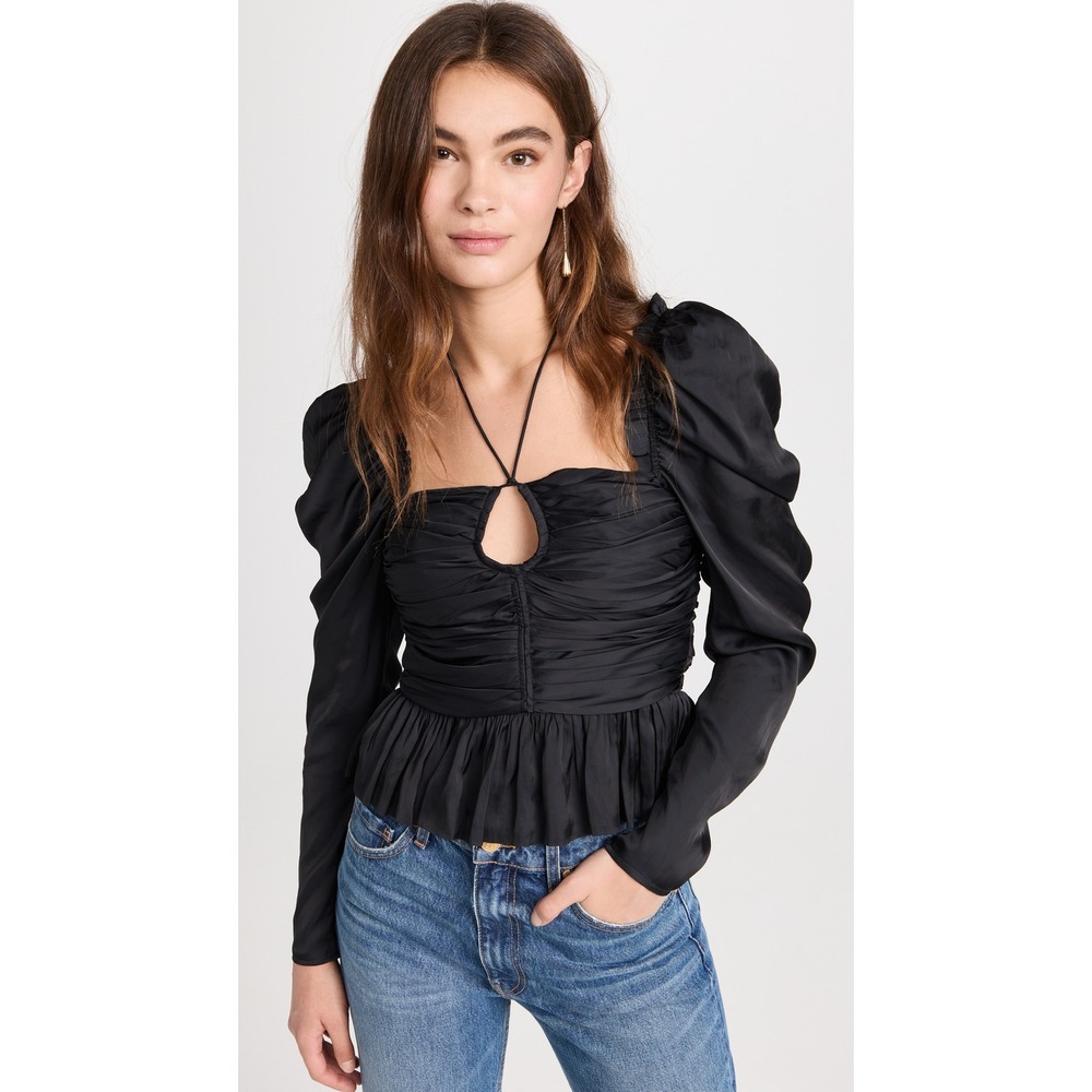 Ulla Johnson Black Ruched Puff Sleeve Square Neck Peplum Top Size 2